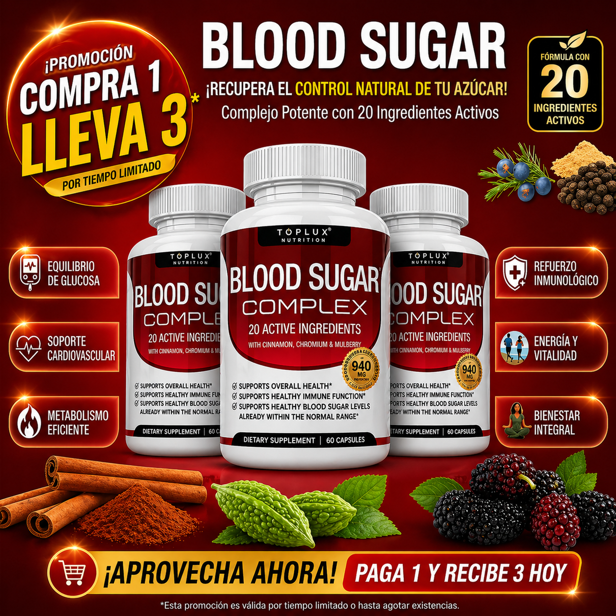 OFERTA 3X1 | Blood Sugar Suplemento | Apoya niveles saludables de azúcar en sangre